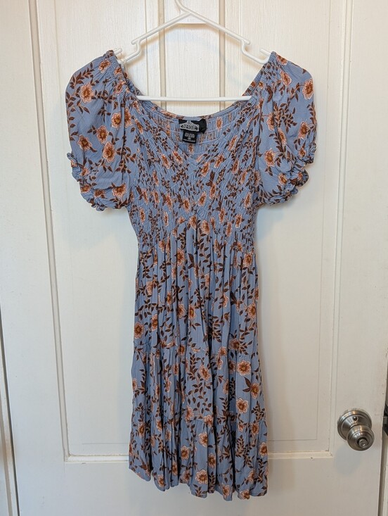 Angie Dresses & Skirts - Angie Dusty Blue Floral Puff-Sleeve Dress